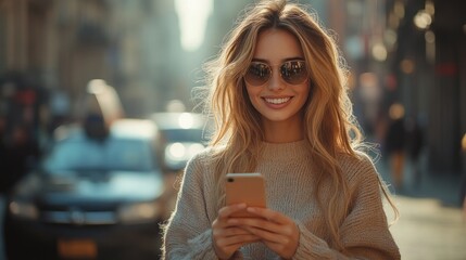 Sticker - Smiling Woman in City Using a Smartphone