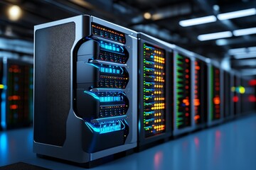 Poster - A massive data warehouse in a sleek, modern design, showing servers and secure databases managing terabytes of information