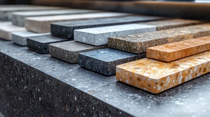 Display of various stone samples for design and construction.