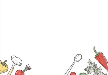 Wall Mural - Hand-Drawn Chicken and Vegetables Illustration with Cooking Utensils on a White Background: A Minimalist Design with Copy Space for Text