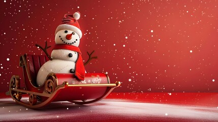 Wall Mural - Cute Snowman and Sleigh with Free Copy Space on Bright Red Background