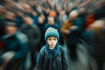 Wall Mural - a child stands alone in a blurred crowd, symbolizing feelings of isolation and being lost in the wor