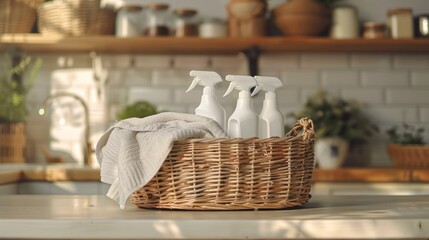 A basket with three bottles of cleaning products on a counter