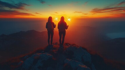 Wall Mural - Two Silhouettes Holding Sparklers at Sunset on Mountain Peak