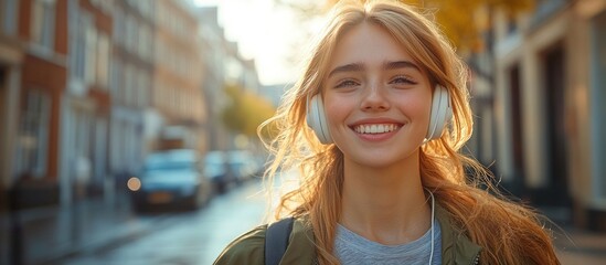 Wall Mural - Smiling Woman with Headphones in City