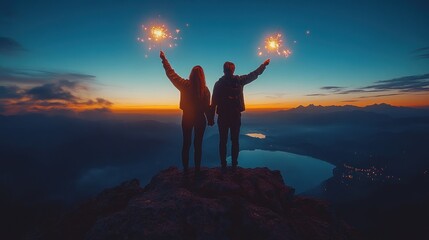 Sticker - Couple on Mountaintop Celebrating with Sparklers