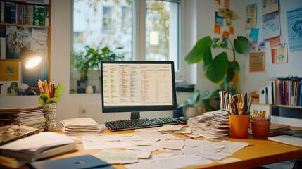 A bright office workspace with a computer, paperwork, and a plant, showcasing productivity and organization in a modern setting.