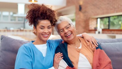 Wall Mural - Woman, elderly patient and hug with caregiver in nursing home for consultation, wellness and empathy in retirement. Nurse, senior care and embrace for helping hand, assistance and healing in comfort