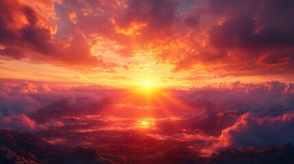 Wall Mural - A vibrant sunset over mountains, illuminating the clouds below.