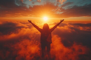 Canvas Print - Woman Silhouette at Sunrise Over Clouds