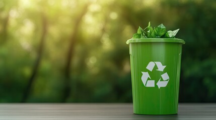 A green recycling bin filled with fresh leaves, symbolizing sustainability and eco-friendly practices in nature.