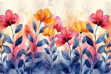 Wall Mural - Boho Floral Watercolor Pattern in Natural Tones - Seamless AI Generative Background