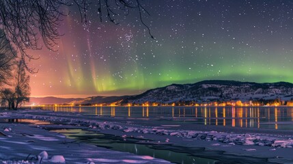 Aurora borealis lighting up the night sky over a frozen lake