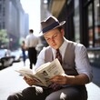 © Sumet - A man reading a newspaper on a city street, dressed in vintage fashion, capturing the essence of urban life.