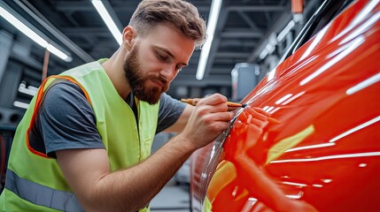 A man meticulously detailing a car, showcasing precision and craftsmanship in an auto repair shop.