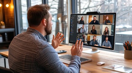 a man participates in a virtual meeting through video conferencing on a large screen, engaging with 