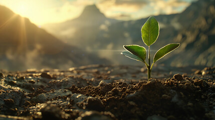 Young Plant Growing in Sunlit Soil with Mountain Landscape in the Background