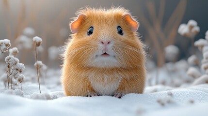 A cute guinea pig sitting in a snowy landscape, looking surprised.