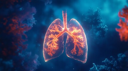 Leinwandbilder - A translucent digital rendering of the human respiratory system is shown against a blue background