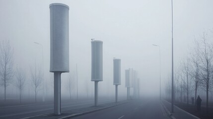 Poster - A quiet urban street enveloped in thick fog features tall cylindrical structures lining each side. The lack of visibility creates an ethereal ambiance, with a solitary figure in the distance.