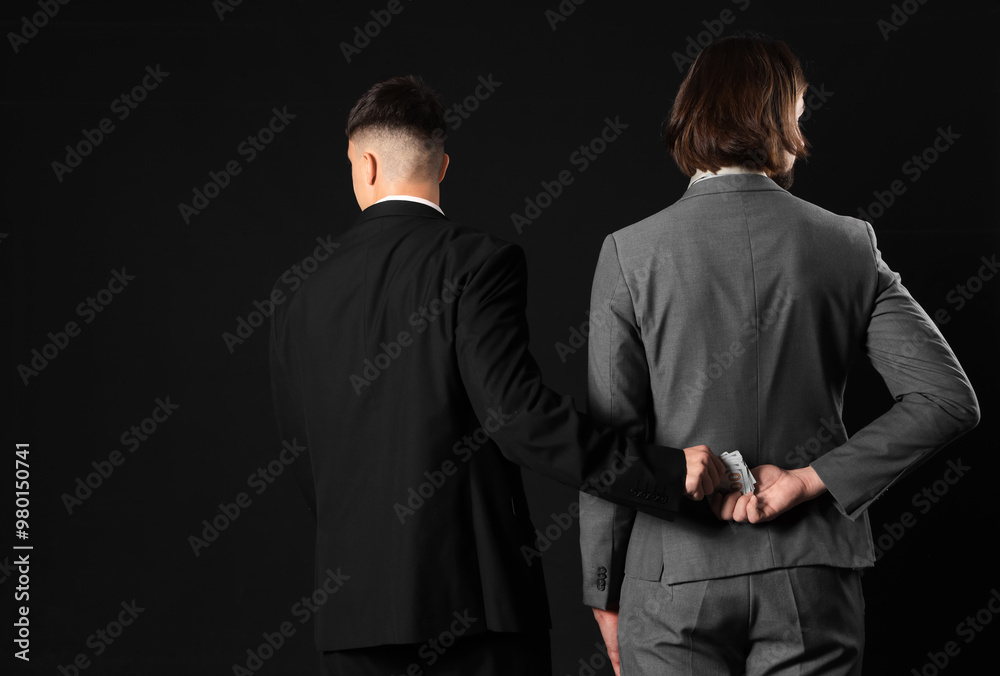 Young business men with bribe on black background, back view. Corruption concept