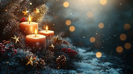 Christmas background with flickering candles nestled among snow-covered pine branches, golden stars, and twinkling fairy lights, casting a warm, soft glow that evokes the peace and joy of a festive