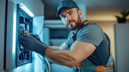 A skilled technician repairs an electrical panel with precision, showcasing expertise in maintenance and technical service.