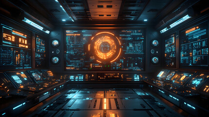 Poster - futuristic control room featuring illuminated screens and advanced technology for a sci-fi atmospher