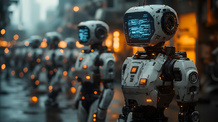 Poster - Futuristic robots with glowing lights stand in a urban setting, showcasing advanced technology and a hint of dystopia.