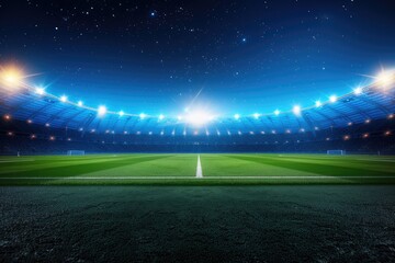 Wall Mural - A stunning view of a football stadium under a starry sky, illuminated by bright lights, showcasing a lush green field.