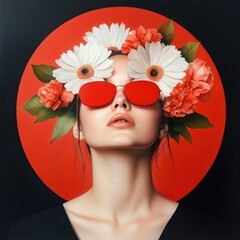 A stylish woman with sunglasses and floral headwear, exuding confidence and vibrant summer energy against a bold backdrop.