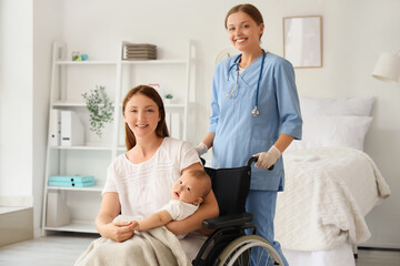 Sticker - Young mother with her newborn baby in wheelchair and nurse at maternity hospital