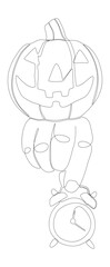 Poster - One continuous line of alarm clock with Halloween Jack O' Lantern pumpkin. Thin Line Illustration vector concept. Contour Drawing Creative ideas.
