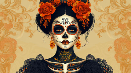 La Catrina Portrait, a stylized vector of the iconic Catrina figure with elegant patterns, with copy space, Day of the Dead