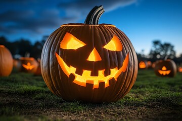 a pumpkin patch at night, with one giant, glowing jack-o'-lantern at its center