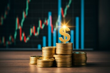 Stacks of gold coins with a dollar sign on top in front of a financial stock chart.