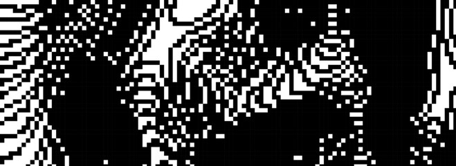Poster - Black dithered wavy curved line texture. 8 bit pixel glitch background. Rasterized stripe overlay wallpaper. Chaotic digitalize distorted backdrop for banner, poster, flyer, brochure, booklet. Vector