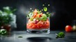 © Sumet - A vibrant tomato salad with fresh herbs, splashing in a glass bowl, perfect for showcasing healthy cuisine and culinary creativity.