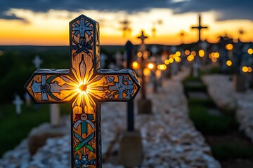 Poster - A quiet evening at the Hill of Crosses, with the last light of day casting long shadows across the sacred site