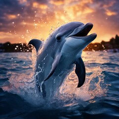 Wall Mural - A joyful dolphin leaps out of the ocean against a stunning sunset backdrop, creating a splash of water droplets that glisten in the warm, golden light. The scene captures the beauty of marine life and