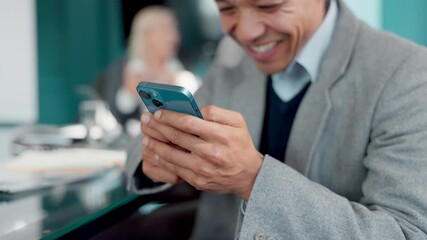 Canvas Print - Laughing, phone and hands of businessman texting in with meme joke for message, social media or chat. Finance consultant, smile or financial advisor reading on mobile app for funny office distraction