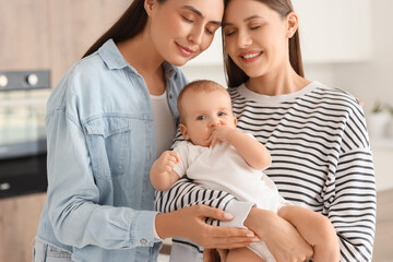 Poster - Happy lesbian couple with their little baby in kitchen