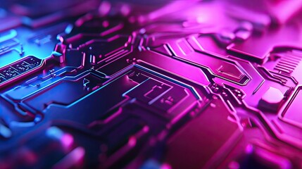 Close-up view of a vibrant, abstract circuit board with striking purple and blue neon lights, perfect for technology themes.