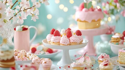 Delicious pastel dessert table with colorful cupcakes, macarons, and floral decor for a lovely celebration.