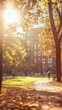 © GB - Students walking through a college campus on a sunny autumn day, defocused background