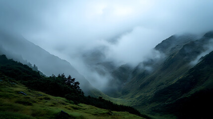 Wall Mural - misty mountain range partially obscured by clouds as rain falls gently across the slopes