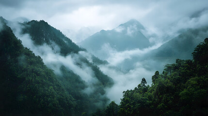 Wall Mural - misty mountain range partially obscured by clouds as rain falls gently across the slopes