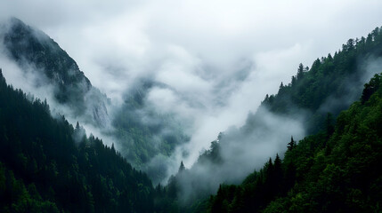 Wall Mural - misty mountain range partially obscured by clouds as rain falls gently across the slopes
