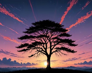 Wall Mural - A serene silhouette of a lone tree against a colorful sunset sky, manga art 