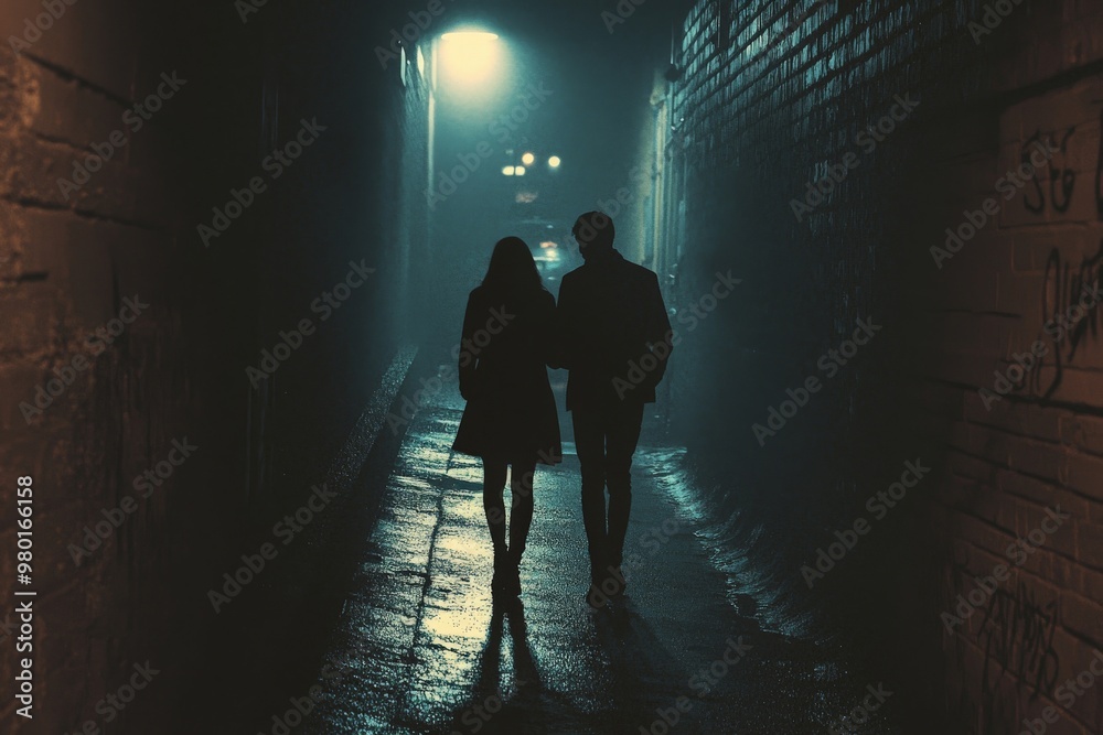 Two shadows walking away from each other in a dark alley, the faint ...